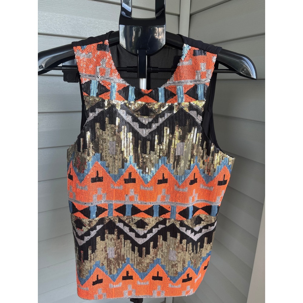 Gianni Bini Womens Large Sequin Geometric Tribal Sleeveless Chiffon Back Top